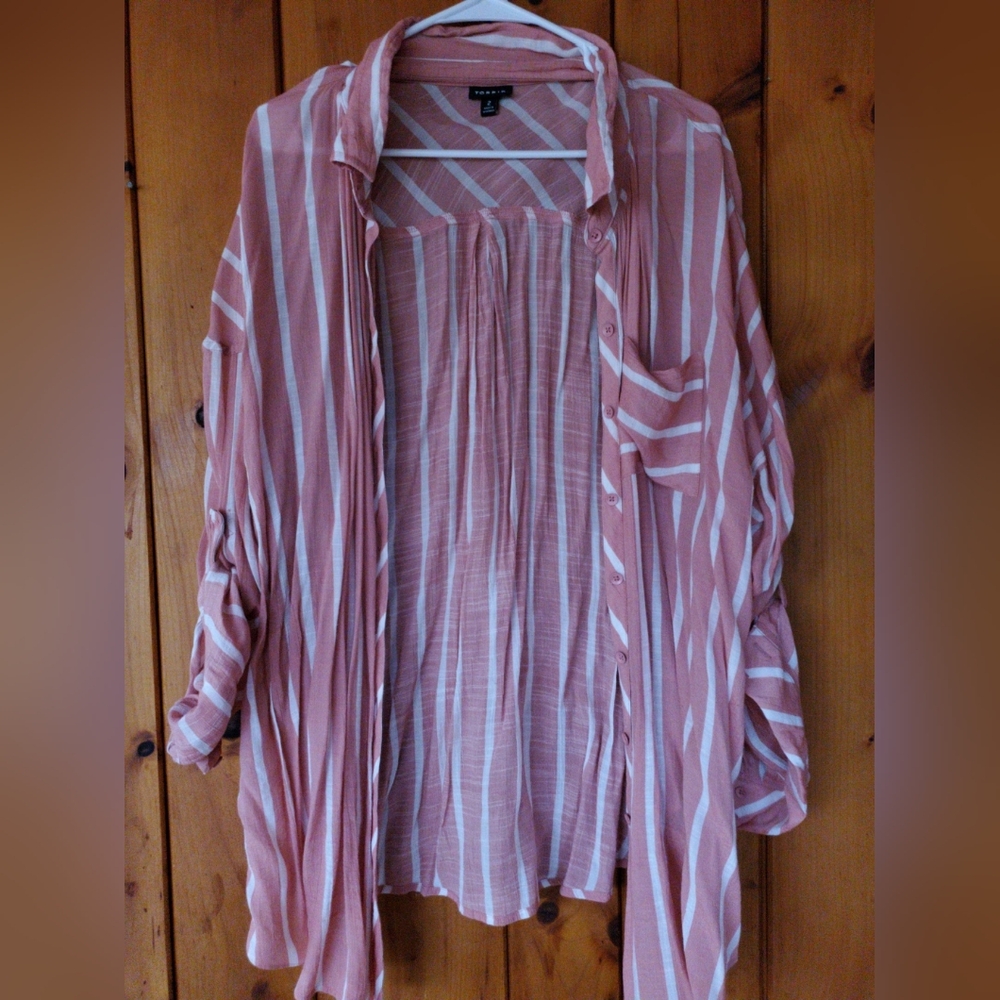Torrid Striped Pink and White Button-Up Blouse